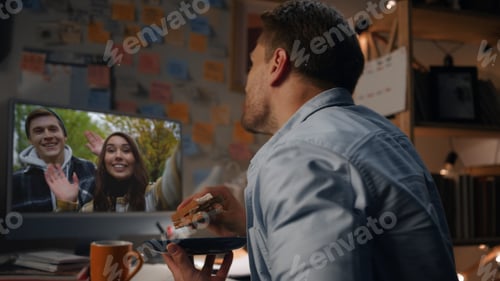Preview: Smiling friends calling web conference. Closeup relaxed man resting evening