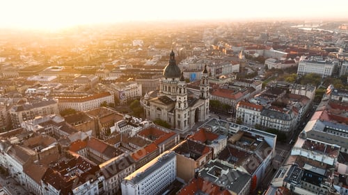 Preview: Aerial view of Budapest city skyline and St Stephens Basilica at sunrise