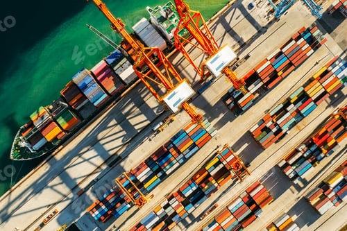 Preview: Containers in international shipping dock waiting to import or export and transportation. Top view