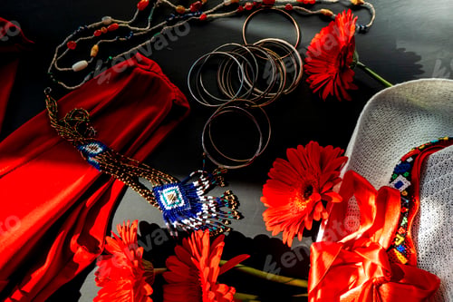 Preview: set of red, white and colorful fashion accessories on a black background