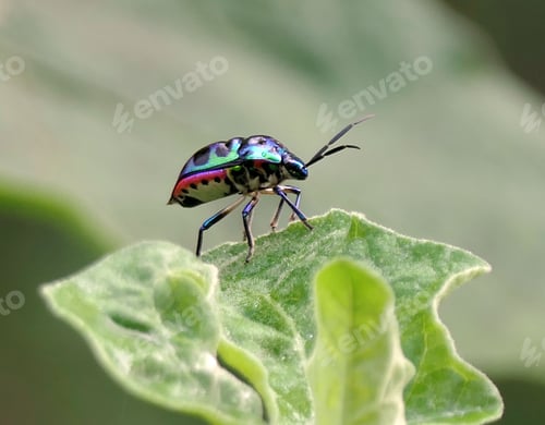 Preview: Colorful beetle on green leaf