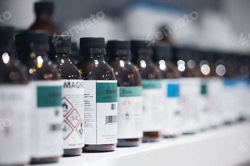 Preview: Science, chemical and bottle with pharmaceutical solution, medicine for healthcare study and poison