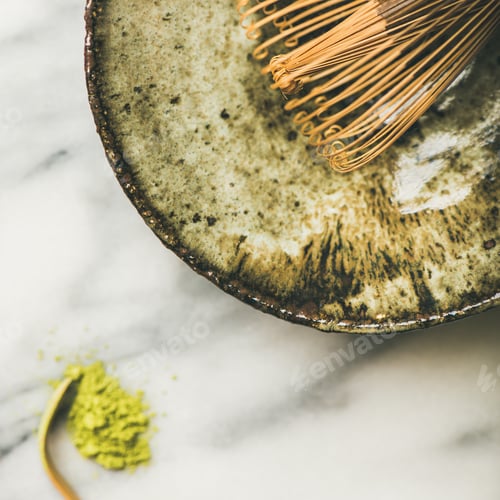Preview: Japanese tools for brewing matcha tea, marble background, square crop