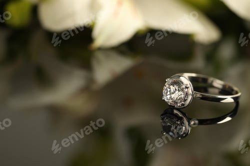 Preview: Beautiful engagement ring against blurred background, space for text