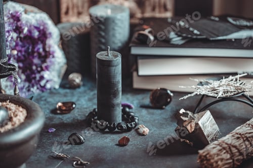 Preview: Black candle on a witch's altar for a magical ceremony among crystals and black candles.