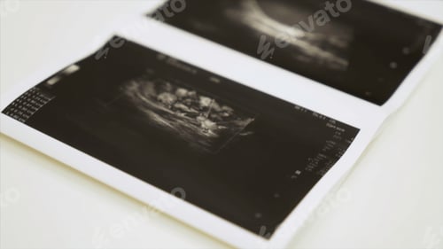 Preview: Collection of images from ultrasound scan examination. Action. Close up of monochrome images of