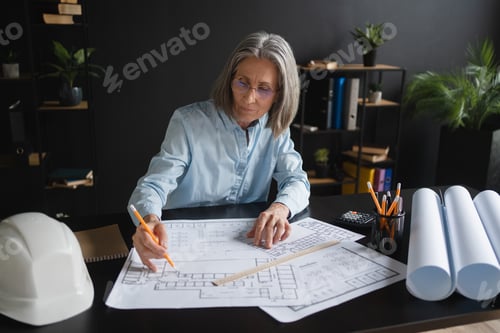 Preview: Female architect sitting office desk working with blueprints, cadastral maps and city plans.