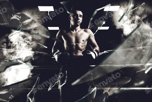 Preview: Portrait Of A Kickboxer Who Is Standing In The Ring. Sports Concept, Muay Thai. Mixed Media