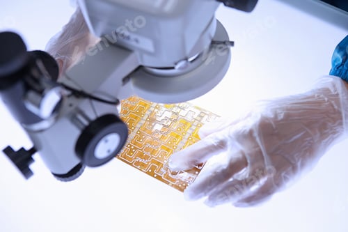 Preview: Hand of female worker using microscope to examine flex circuit in flexible electronics factory clean