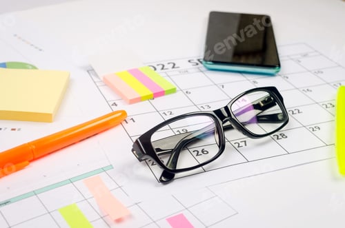 Preview: Working set for analyzing statistics. Charts and graph with financial data, glasses.
