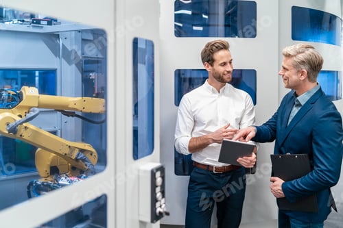 Preview: Two businessmen talking at robot in a modern factory