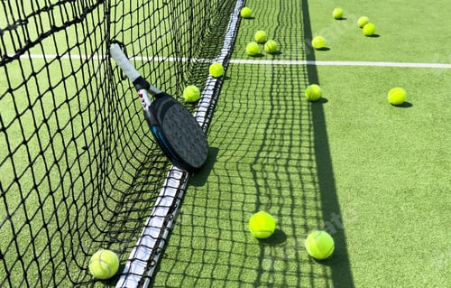 Preview: Paddle tennis racket, ball and net on the grass