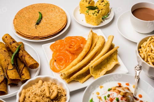 Preview: Group of Gujarati snacks food from India