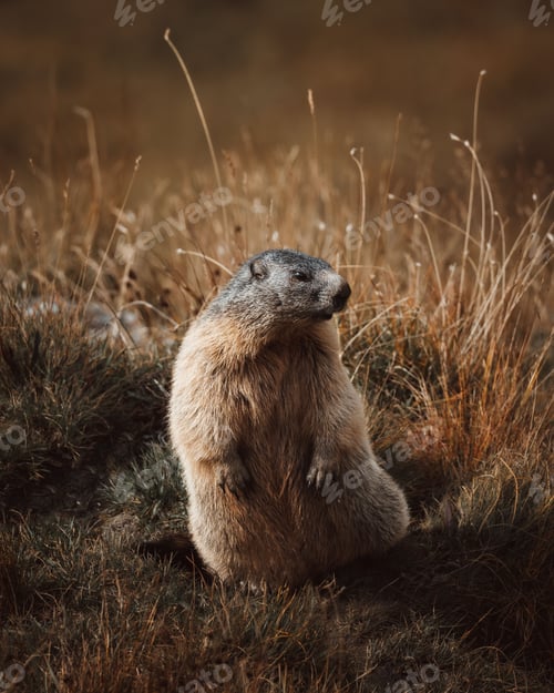 Preview: Vertical closeup shot of a fluffy brown marmot on a rural field in Austria
