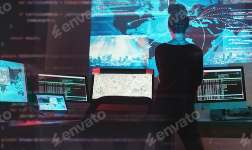 Preview: Cybersecurity, woman hacker and global network code for phishing, ransomware and cyber terrorism se