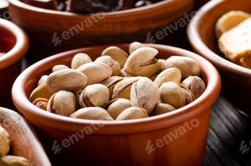 Preview: Pistachio nuts in clay bowl on kitchen wooden table food background