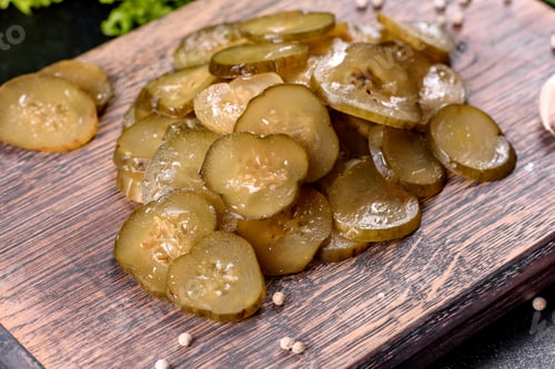Preview: Tasty salty spicy pickled cucumber cut with rings on a wooden cutting board