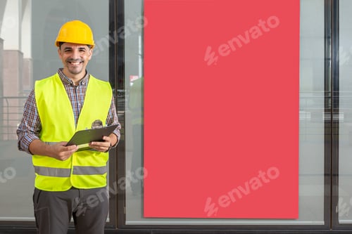 Preview: laborer smiling with a file and a yellow waistcoat