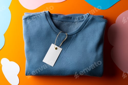 Preview: Close up of sweatshirt with tag and copy space on orange background