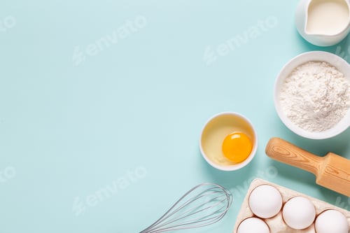 Preview: Baking or cooking background. Ingredients, kitchen items for baking.