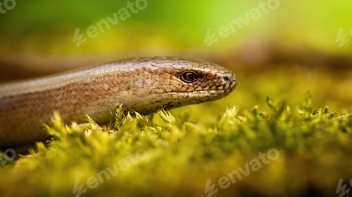 Preview: Slowworm looking on moss in spring sunlight from close up