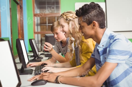Preview: Smiling students studying in computer classroom