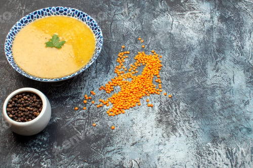Preview: front view tasty lentils soup inside plate with pepper on gray background cuisine photo meal dinner