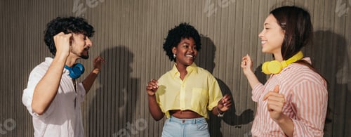 Preview: Happy college students listening to music and dancing. Flash light, UGC.