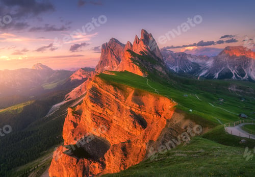 Preview: Seceda mountain at beautiful sunset in summer in Dolomites, Italy