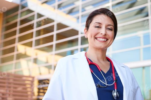 Preview: Smiling Hispanic female healthcare worker outdoors, portrait