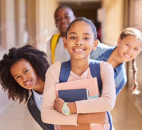 Preview: Education, children and portrait of friends at school together standing in the hallway for class. D