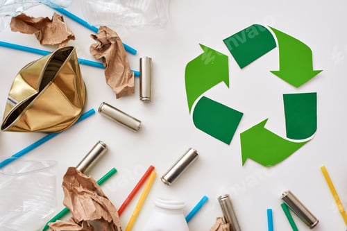 Preview: Think about ecology. Crumple paper, plastic and batteries near recycle symbol