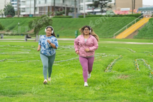 Preview: Fat women running together while listening to music with headphones