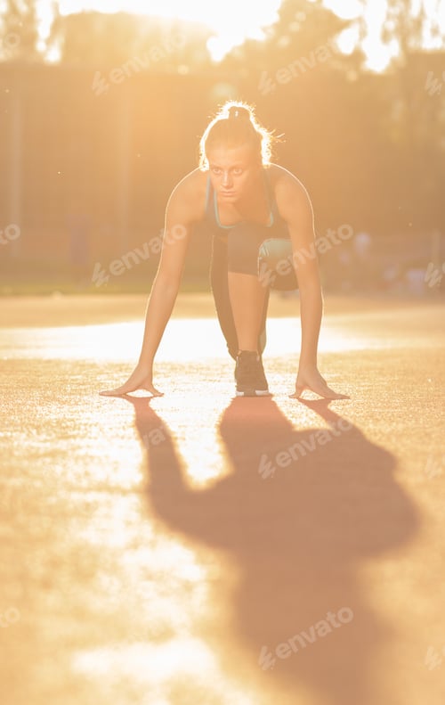 Preview: Young Girl Teenager Sprinter Start Position Outdoors Sunny Day Lens Flare