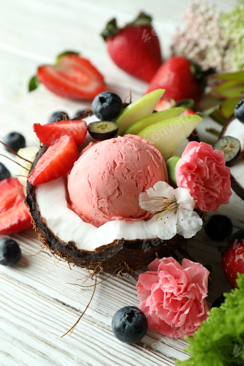 Preview: Concept of delicious fruit ice cream on wooden table