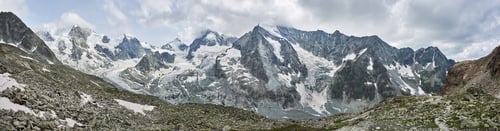 Preview: Panorama of a mountain ridge with Ober Gabelhorn and Dent Blanche peaks of Swiss Alps