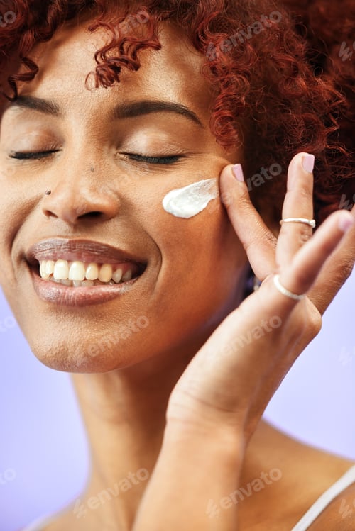 Preview: Beauty face, eyes closed and happy woman with cream application, melasma treatment or collagen skin