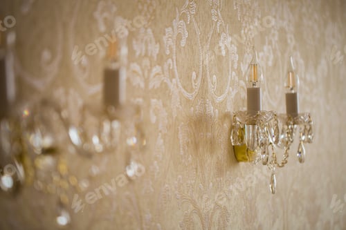 Preview: Chrystal chandelier close-up. Glamour background with copy space