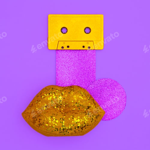 Preview: Lips and audio cassette. Minimal music flat lay art