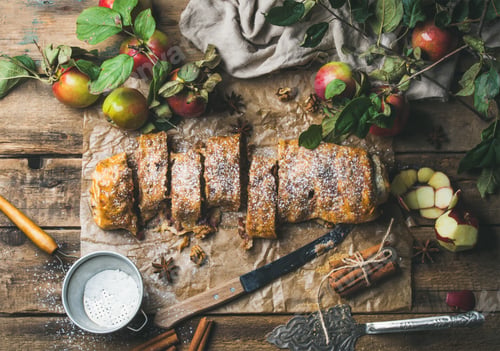Preview: Apple strudel cake with cinnamon, nuts and sugar powder