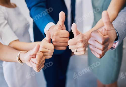 Preview: Closeup thumbs up, hand or gesture for success, support or trust. Diverse group or team of business