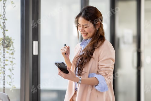 Preview: happy excited.Portrait of success business asian woman enjoy success with laptop on work desk.