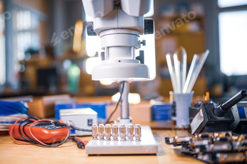Preview: Modern microscope, connectors component and large green microcircuit in workshop laboratory