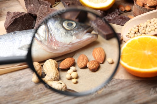 Preview: Different products with magnifier focused on fish and nuts, closeup. Food allergy concept