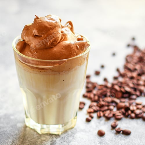 Preview: Dalgona Coffee Ice Drink Cappuccino Or Latte Fluffy Creamy Whipped Menu Concept Food Background Top
