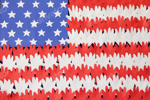 Preview: Colorful Hands made of paper art work form together in American National Flag