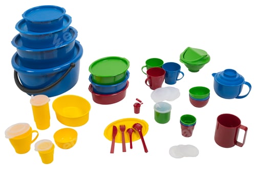 Preview: Plastic dinnerware sets on white isolated background