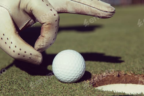 Preview: man's hand putting golf ball in hole