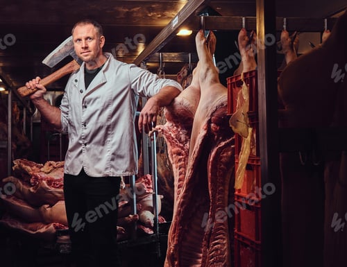 Preview: A butcher in a meat factory.