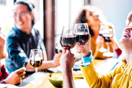 Preview: Young multiethnic people drinking and toasting red wine at lunch party